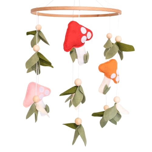 Mushroom Baby Mobile, Green Leaf Mobile for Crib, Crib Mobile for Boys Girls, Forest Nursery Mobile for Bassinet, Pack and Play, Woodland Nursery Dcor