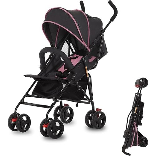 Dream On Me Vista Moonwalk Baby Stroller in Pink, Lightweight Infant Stroller with Compact Fold, Multi-Position Recline Umbrella Stroller with Canopy, Extra Large Storage and Cup Holder