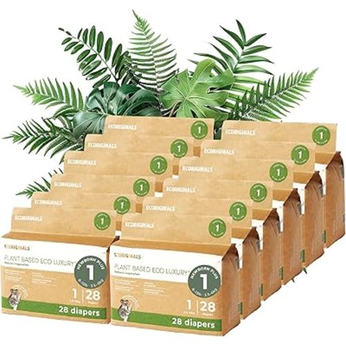336 Eco Newborn Diapers - Baby Diapers with 100% Plant-Based Layers, Disposable & Hypoallergenic Baby Essentials for Newborn - Secure Fit Plus Size 1 Diapers (8-13lb), 12 Pack