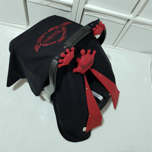 Black and Red Baby Car Seat Cover Boy , Personalized Car Seat Canopy Baby Boy with Name Embroidery and 3 Crowns , Baby Shower Gift Boy