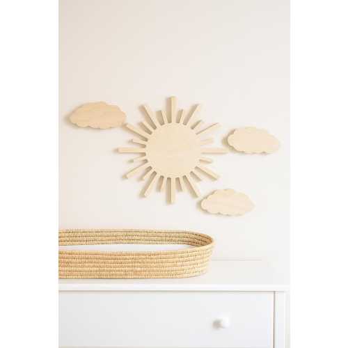 Wooden Sun and Cloud Wall Decor Set – Natural Wood Nursery Wall Art for Baby Room, Neutral Boho Kids Room Decoration, Scandinavian Style