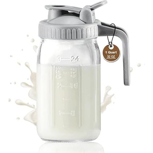 32 Ounce Glass Mason Jar Water Bottle with Spout Handle Leak Proof Silicone Seal Ideal for Cold Brew Coffee Milk Juice Lemonade Breast Milk Storage and Other Beverages Easy Clean Ergonomic Design