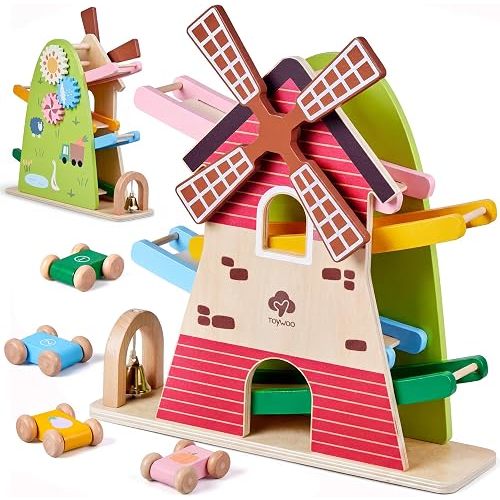 Wooden Car Ramp Toy with Windmill - Montessori Toys for 18+ Months, 4 Level Sliding Track with 4 Mini Cars & Bell, Toddler Educational Toys for Boys Girls, Ideal Birthday/Easter/New Year Gift