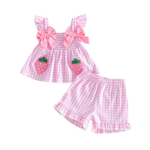 Toddler Baby Girl Outfits Summer Ruffle Shirt Tops Dress Plaid Shorts Cute Strawberry Embroidered Clothes Set