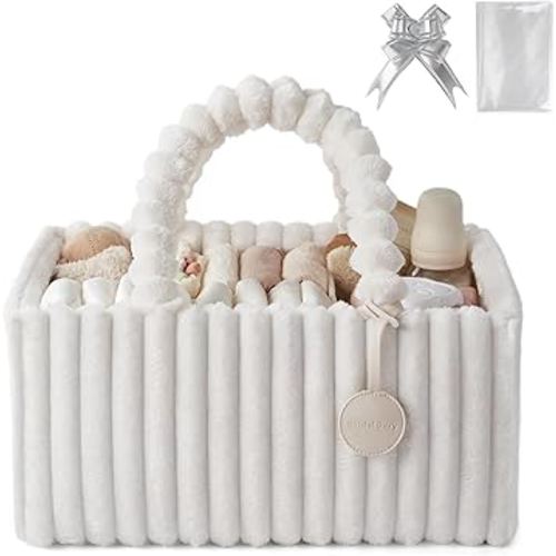 Blissful Diary Flannel Diaper Caddy Organizer, included Gift Packaging, Cozy Nursery Storage Basket, Gift for Baby Shower, Newborn Essentials, Cream Beige