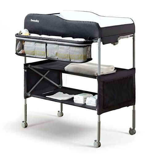 Portable Baby Changing Table, Foldable Diaper Changing Station with Waterproof Pad, Mobile Nursery Organizer for Infant & Newborn Essentials, Black