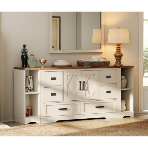 Gracie Oaks Laziza Farmhouse Dresser With 6 Drawers,3-In-1 Dresser 2 Barn Doors And 2 Shelves & Reviews | Wayfair