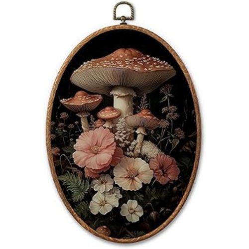 AYQJCBGC Vintage Mushroom Oval Framed Wall Art, Cottagecore Retro Canvas Wall Decor, Dark Academia Framed Prints Hanging Decor for Home Bedroom Living Room, 8.3x11.6 Inch. (026)