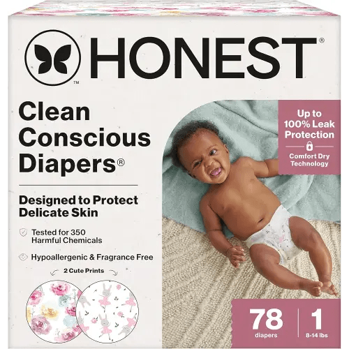 The Honest Company Clean Conscious Diapers for Delicate Skin, Up to 100% Leakproof Hypoallergenic Fragrance-Free Baby Diapers, Girl Prints, Club Box, Size 1 (8–14 lbs), 78 Count (Prints May Vary)