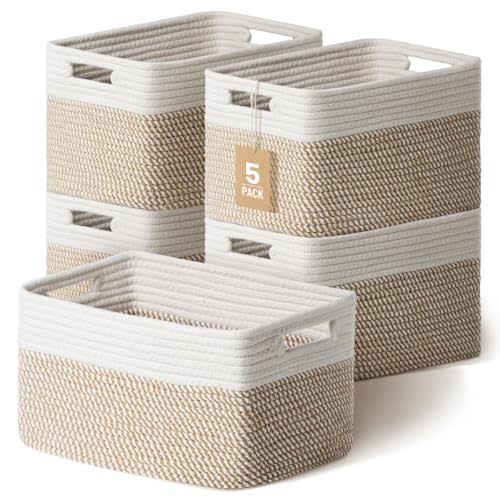 5 Pack Woven Storage Baskets for Shelves, Decorative Basket Organizer Storage Bins for Toys, Books, Clothes, Closet, Nursery, Bathroom – Cotton Rope Shelf Baskets for Organizing, Khaki & White