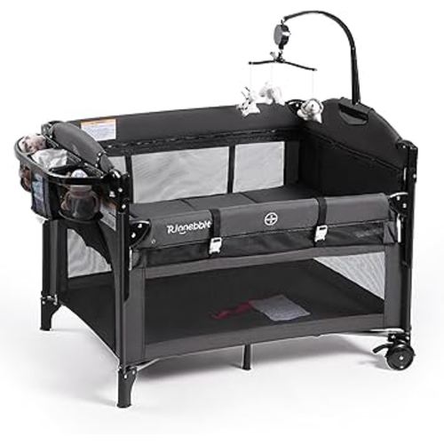 Baby Bassinets Bedside Sleeper, 4 in 1 Portable Bedside Crib w/Mattress, Diaper Changer, Storage Basket, Music Box, Carry Bag, Foldable Playard Sleeper for Newborn (Black)