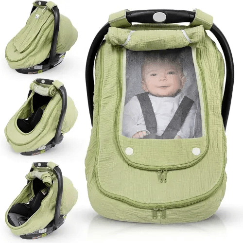 Car Seat Cover for Babies with 100% Cotton Muslin Material | Breathable Carseat Cover for Boys and Girls | Infant Car Seat Canopy for Boys and Girls (Green)