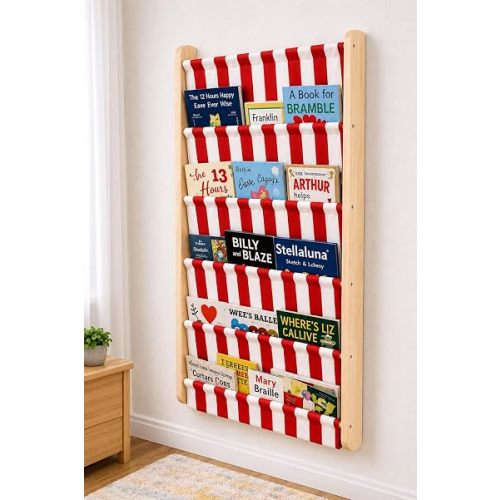 Montessori 5 Tier Canvas Pocket Wall Bookshelf, Kids Book Rack with Re-Washable Soft Fabric, Behind Door Storage (Red)