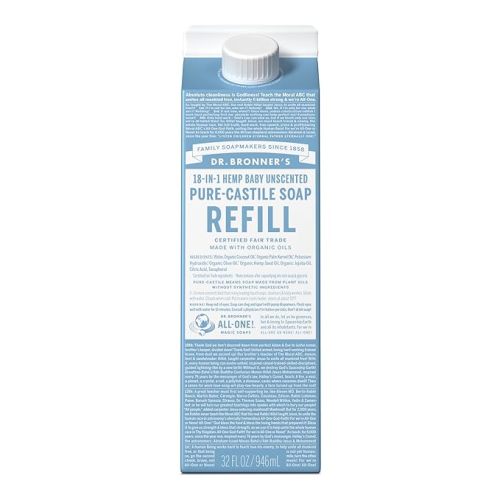 Dr. Bronner's Pure-Castile Liquid Soap Refill - Made with Regenerative Organic Certified Oils, 86% Less Plastic - 18-in-1 Uses, For Face, Body Wash, Hand Soap Refill & More - Baby Unscented, 32oz