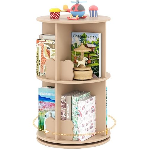 HONEY JOY Kids Rotating Bookshelf, Wooden Spinning Small Corner Organizer w/Baffles, 360°Display Standing Toddler Bookshelf, Narrow Storage Rack, Montessori Book Shelf for Nursery, Playroom (Coffee)