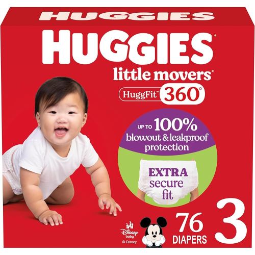 Huggies Size 3 Baby Diapers, Little Movers HuggFit 360° Baby Diapers with 360° Waistband, Size 3 (16-28 lbs), 76 Count, Packaging May Vary