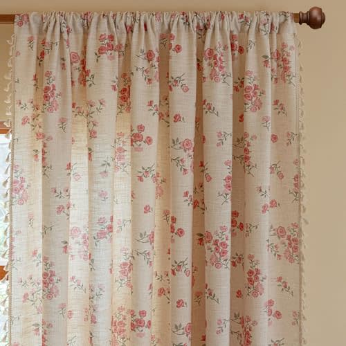 OYX Pink Boho Floral Curtains 84 Inch Long 2 panels, French Vintage Farmhouse Patterned Decor Window Drapes With Tassels, Girls Semi-Sheer Light Filtering For Bedroom Living Room (Rod Pocket, 52Wx84L)
