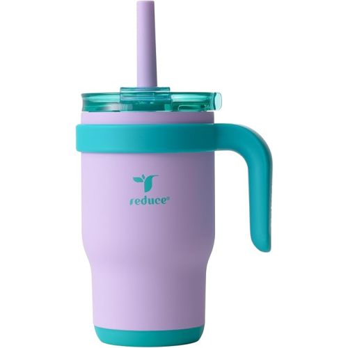 REDUCE 14 Oz Coldee Kids Tumbler with Lid and Straw - Coldee Insulated Travel Mug - Spill-Proof, Sweatproof Stainless Steel, BPA-Free - Includes Handle, Reusable Silicone Straw - Purple Mermaid