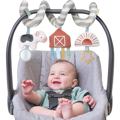 Itzy Ritzy Spiral Car Seat & Stroller Activity Toy - Stroller & Car Seat Toys for Ages 0 Months and Up - Hanging Toys Include Dangling Ring, Mirror and Textured Ribbons (Farm)