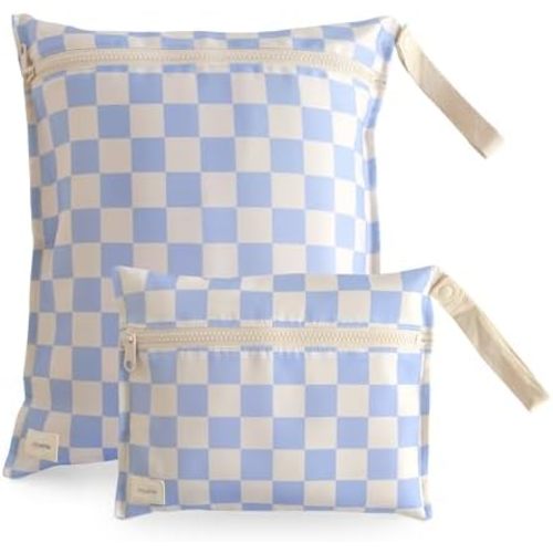 mushie Water Resistant Wet Bags | Large & Small Reusable Storage Bag for Baby Items and Travel | Zippered Pockets with Handle | Machine Washable, Set of 2 (Blue Check)