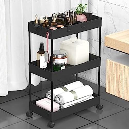 SPACELEAD 3 Tier Rolling Cart with Wheels, Storage Craft Art Trolley Organizer Serving, 3 Hanging Baskets Easy Assembly, for Office, Bathroom，Living Room, Kitchen, Black