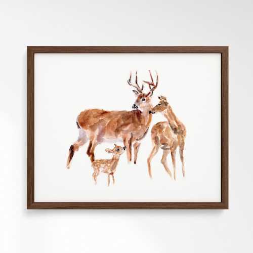 Deer Family of 3 (Two Big and One Small Deer) Woodland Animal Watercolor Art Print for Woodland Nursery