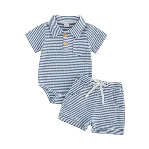 Kavousa Newborn Baby Boy Summer Clothes Short Sleeve Top and Stripe Shorts Set 2 Piece Baby Boy Summer Waffle Outfit