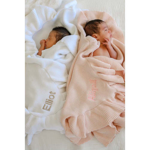 Embroidered Knit Blanket With Ruffle in Tea Rose | Caden Lane