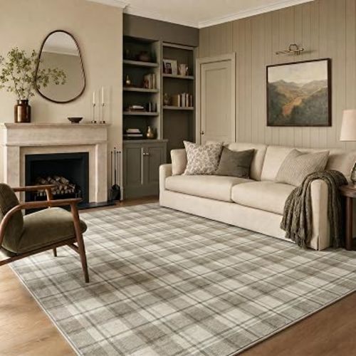 Beige Checkered 5x7 Washable Non-Slip Area Rugs for Bedroom
