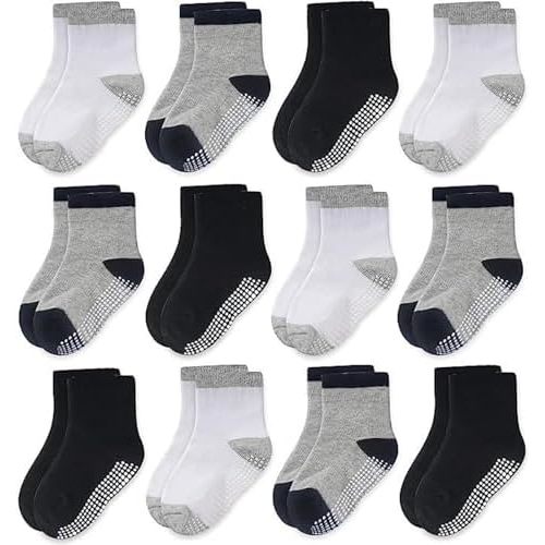 CozyWay Baby & Toddler Socks With Grippers Non Slip Crew Grip Socks for Girls and Boys Soft Comfy Cotton - 12 Pack