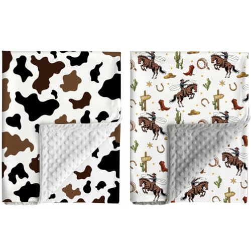 Jola's House 2 Pack Cowboy Baby Blanket Western Cowboy Gender Neutral Minky Blankets for Newborn Baby Girls or Boys Cowboy Nursery Toddler Double Layer Blanket with Dotted Backing (Western)