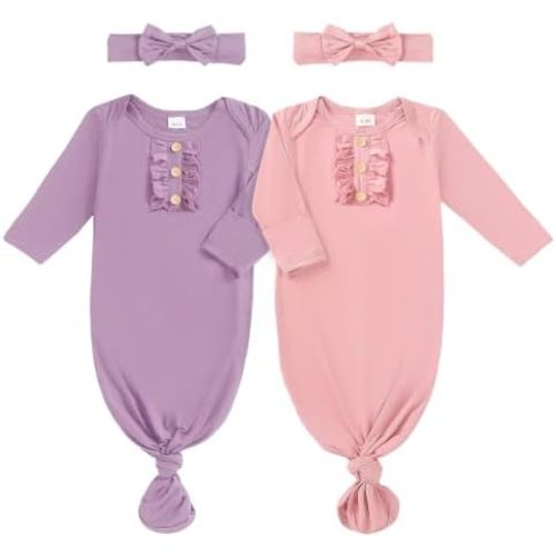 AMAWMW 2 Pack Newborn Baby Girl Boy Sleeper Gown Knotted Nightgown with Mittens Pajamas Set Infant Gifts Essential Outfit