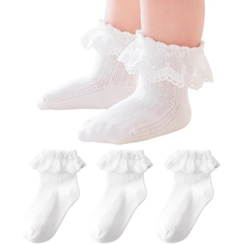 EPEIUS Baby Lace Socks Newborn Girl Eyelet Ruffle Frilly Socks Soft Breathable Seamless Cotton Sox 0-6/6-12/12-24 Months