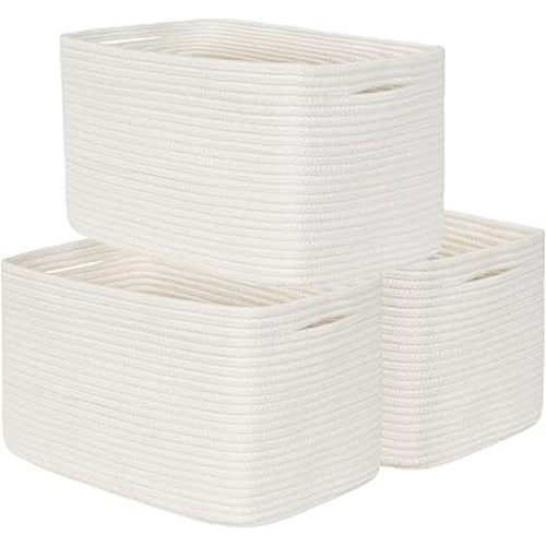 3-Pack Shelf Baskets for Organizing, Woven Storage Basket for Shelves, Cotton Rope Storage Bins for Toys Books, Nursery Towel Baskets for Classroom, 14.96"X9.8"X8.85", White