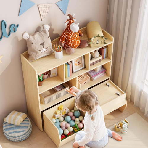 Storage Cabinet and Bookcase with Movable Drawers and Open Shelves,Toy Storage Cabinet for Playroom Nursery Room Organization