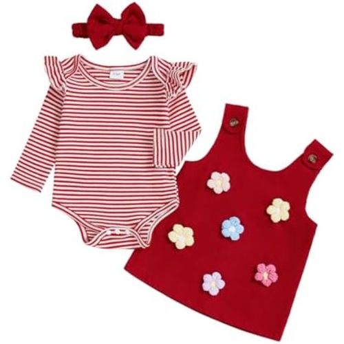 BeQeuewll Newborn Baby Girl Outfits Ruffle Knit Onesie 3D Floral Suspender Corduroy Skirt Infant Spring Clothes