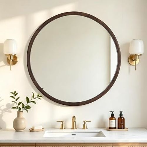 36 inch Round Mirror, Walnut Wood-Grain Foil Finish Circle Mirror for Bathroom, Entryway, Living Room, Bedroom and Vanity Decor