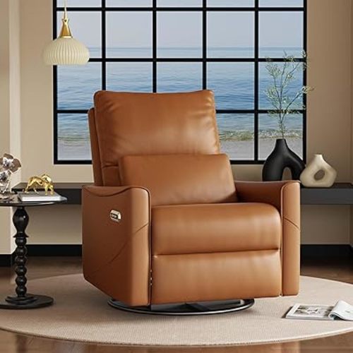 BedsPick Power Swivel Rocker Recliner Chair, Glider Nursery Recliner Chair with Lumbar Support, Leather Swivel Rocker Recliner with USB & Type-C Ports, Chairs for Living Room (Brown)