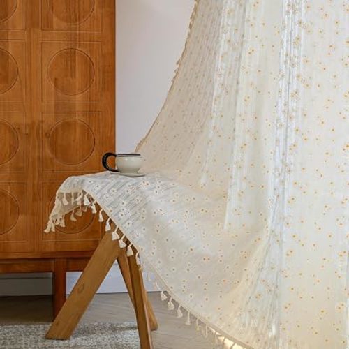 BHUSB White Semi Sheer Curtains 63 inch 2 Panels Boho Little Daisy Cotton Curtains Yellow Short Farmhouse Drapes Bedroom Living Room Rod Pocket Light Filtering Privacy Window Treatments with Tassel