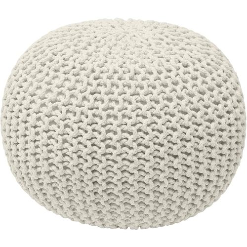 Ornavo Home Pouf Ottoman Foot Rest - 100% Cotton Pouffe - Hand Knitted Cable Braid Cord - Boho Round Stuffed Ottoman for Living Room, Bedroom - Natural