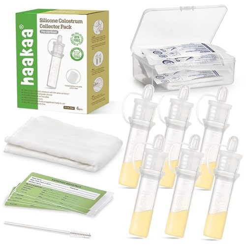 haakaa Colostrum Collector Kit Breast Milk Collector with Cotton Cloth Wipe and Storage Case, Ready-to-Use, Reusable, 4ml/6pcs