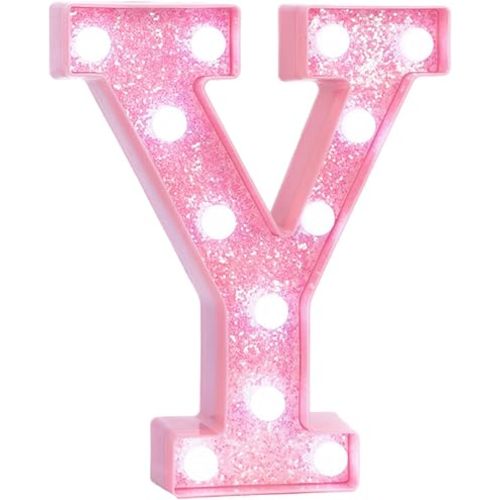 Pink Marquee Light Up Letters, Glitter Alphabet LED Letter Lights for Pink Birthday Party Decorations, Battery Operated Letter Sign for Girls Room Vanity Table Decor, Cool White Lights Letter Y