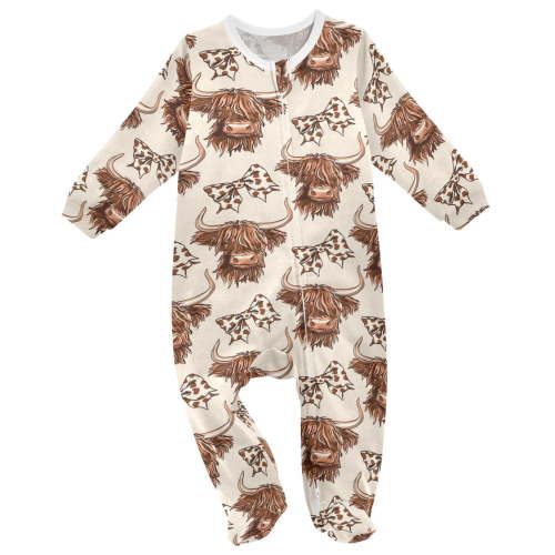 Highland Cattle Bow Baby Sleeper One-Piece Footies Newborn Roomper 12Months