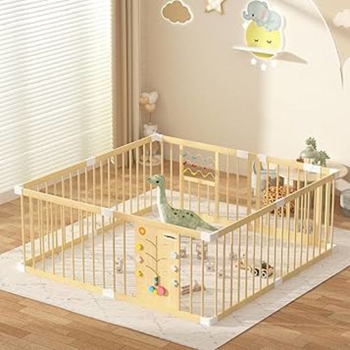 Xilingol Wooden Baby Playpen, Kids Play Yard with Locking Gate, Size Adjustable Activity Center for Children, Indoor Play Fence Area, Large Play Pen for Babies and Toddlers, 63” × 63”× 24”