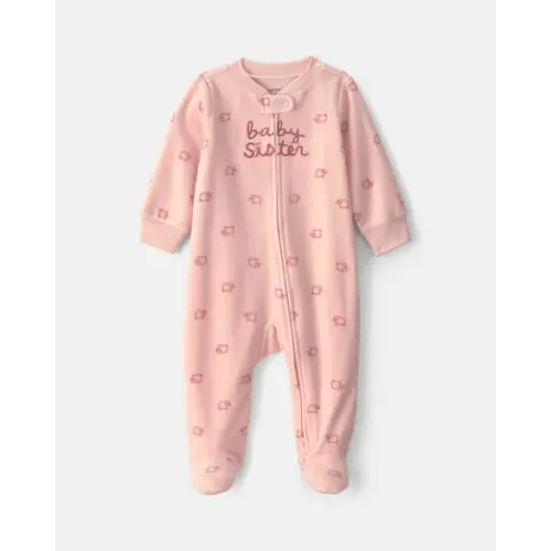 Baby Girl 'Baby Sister' Fleece 2-Way Zip Sleep & Play Pajamas - Pink | Carter's