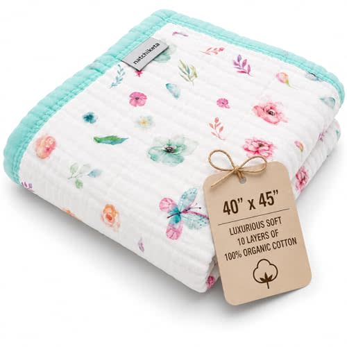 Organic Cotton Muslin Baby Blanket for Boys and Girls - Luxurious Soft Toddler Quilt for Swaddling - Gender Neutral Blanket - Baby and Toddler Gift - Pastel Floral