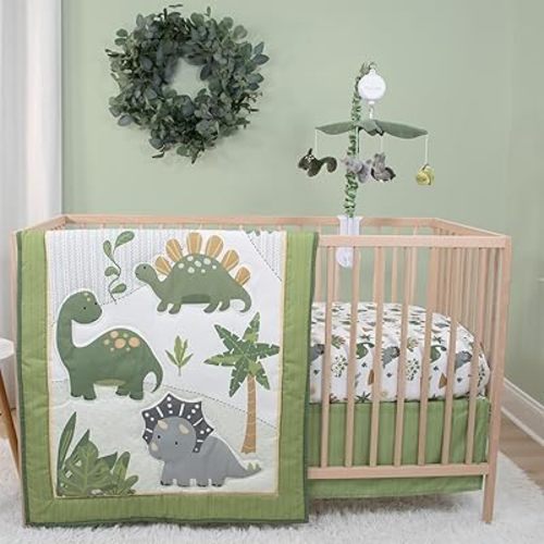 The Peanutshell 4 Piece Baby Crib Bedding Set for Boys - Newborn, Infant & Toddler Nursery Bed Set with Fitted Crib Sheet, Dust Ruffle, Comforter, Mobile - Dinosaur Nursery Decor