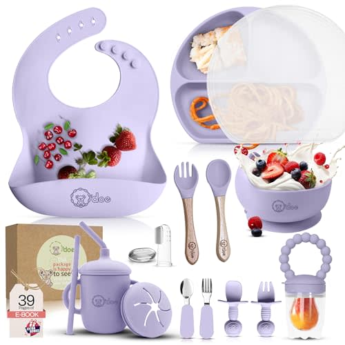 O'doe 17-Piece BPA-Free Silicone Baby Feeding Set | Thick & Soft Suction Plates, Baby Bowls, Wooden Fork & Spoon, and More | Make Mealtime Fun and Easy for Your Little One (Purple, V2)