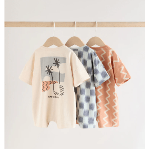 Neutral Sunbaked Printed Button Through Jersey Baby Rompers 3 Pack