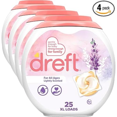 Dreft Laundry Detergent Pacs, Lightly Scented, Lavender, For Baby and Family, XL Pacs, 25 Count (Pack of 4)